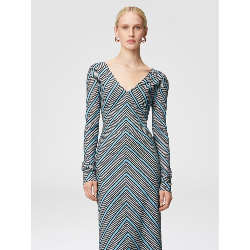 New Missoni Long Striped Dress Plunging V-Neckline Metallic Knit Size 42